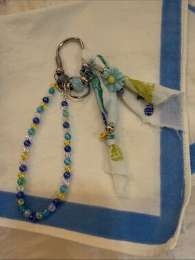 Decorative Blue & Yellow Beaded Keychain with Floral Charm bag charm